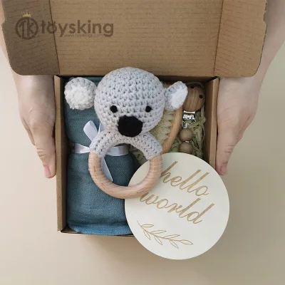 Crochet Wooden Rocking Bell Baby Teeth Box with Pacifier Chain and Silicone Teether-Souvenir Gift Set