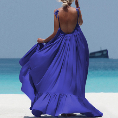 Summer Dress Sleeveless Sling Beach Dress Casual Solid Color Long Skirt Halter Dress