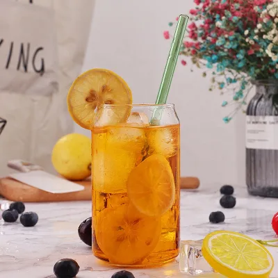 Low Price Handmade warehouse clear Daily use beer coffee Bubble water tea 16oz glass can cup with bamboo lid and straw