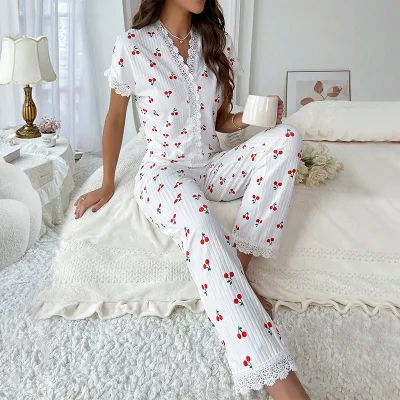 Cherry Printed Women's Nightgown Elegant Pajamas Set With Elastic Waist Closure Comfortable And Breathable Nightwear