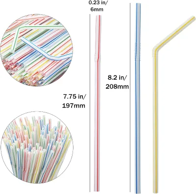 100 Pack Assorted Colors 7.75" Flexible Disposable Plastic Straws with Striped Design for Juices Parties.