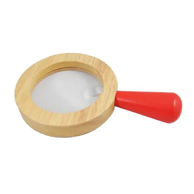 Wholesale Rubber Wood Material Red Handle Magnifier Kids Toy Observation Tool Magnifying Glass Toy Wooden Magnifier for Kids