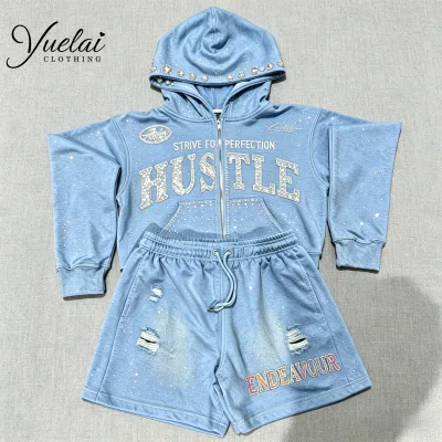 Custom Logo Rhinestone Diamond Distressed Zip up Hoodies Acid Washed Vintage Jogger Men Hoodies Set Manufacturer