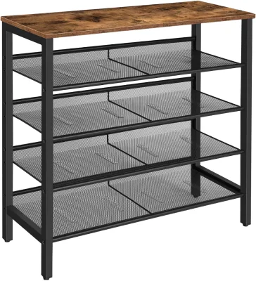HOOBRO 5-Tier Adjustable Shoe Rack 16 Pairs Durable Floor Type Engineered Wood Metal Industrial Rustic Entryway Hallway Closet