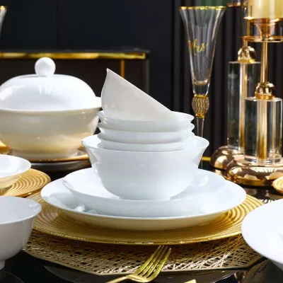 White Vintage Style Bone China Tableware Set Dish and Spoon Dishwasher Safe for Home Hotel Restaurant Wedding or Dinner