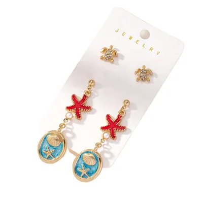 Seaside Vacation Style Shell Sea Star Turtle Earring Set