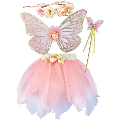 Girls Fairy Costume Set with Butterfly Wings Tutu Wand and Halo Headband (Pink, 3-5 Years old)