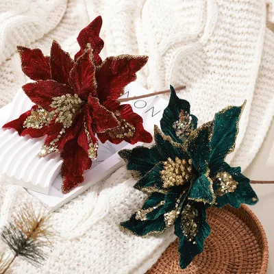 T-WP013 High Quality Simulated Christmas Flower Glittering Pink Sequin Decorative Flower Christmas Decor Tree Wreath Accessories