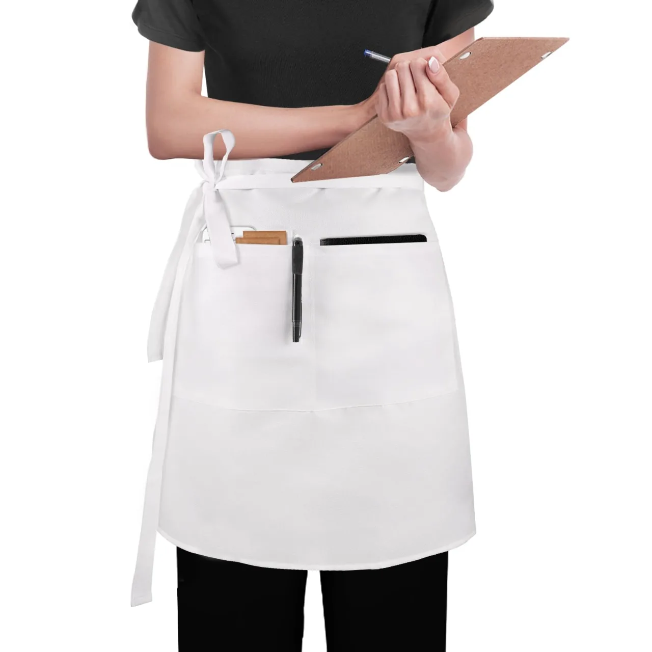 Custom White Painting Restaurant Bistro Coffee Barista Short Half Apron Bbq Kitchen Cooking Chef Waist Apron with 3 Pockets