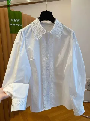 Wholesale Spring 2026 New Casual Breathable Fashion Elegant Sweet French Lace Splicing Lapel Solid Color Polyester Women's Shirt