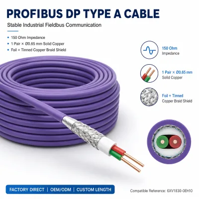 6XV1830-0EH10 Compatible Profibus DP Cable 150 Ohm 1 Pair 22AWG Aluminum Foil Tinned Copper Braid Shielding 12 Mbps for PLC