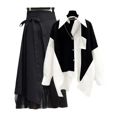 Autumn Set Solid Color Shirt and Loose Skirt Two-piece Set for Women