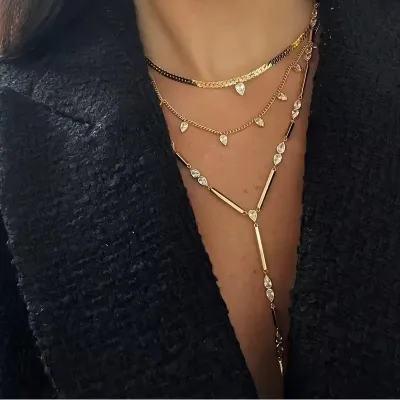 New Special Water Drop Bling Oval CZ Choker Necklace Gold Plated Lariat Long Bar Tear Drop Y Shape Long Tassel Women Jewelry Set