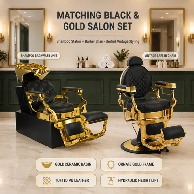 Luxury Barber Shop Chair Set, Retro Barber Chair & Shampoo Washing Chair, Black PU Leather Gold Metal Frame for Men Salon