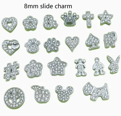 Alloy Metal Rhinestone 8mm Slide Charms for Leather Wristband Heart Star Cross Crown Charm for Pet Collar DIY Jewelry Making