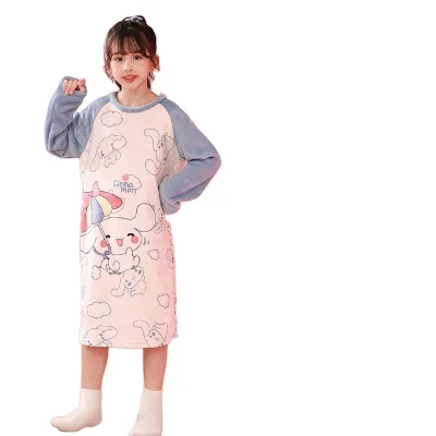 3 4 6 7 9 10 11year Girls Winter Dress Children's Nightdress Thickened Cartoon Printed Pyjamas Flannel Nightgown Thermal Dress