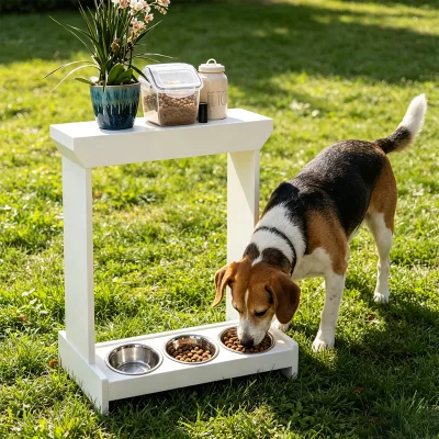 Elevated Dog Cat Food Bowl Stand Display Table Wooden Inserts Modern Entryway Console Eco-friendly Storage Pet Supplies Durable