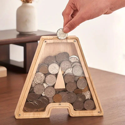 Personalized Savings Coin Bank Kids Letters Coin Bank Unbreakable Wooden Money Bank