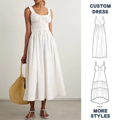 OEM Hot Sleeveless Square Collar Midi Ladies Dress Linen Blend Dress Halter Strap Cording Waist A-line Casual Woman Dress