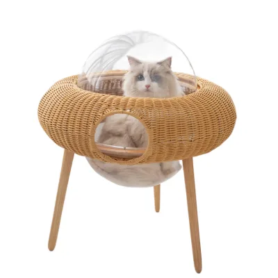 Luxury Rattan Cat Basket Transparent Space Capsule Rattan Flying Saucer Shaped Cat Litter Box Handmade Weaving