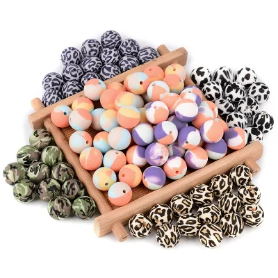 Wholesale 12mm 15mm 19mm Food Grade Leopard Printed Beads Printed Silicone Beads for Beaded Pens