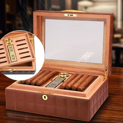 OEM High-End Leather Wrapped Wooden Humidor Box Premium Cigar Storage Solution