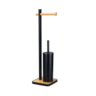 High Quality Multifunctional Matt White Toilet Roll Holder Stand Bamboo Toilet Brush and Holder Set