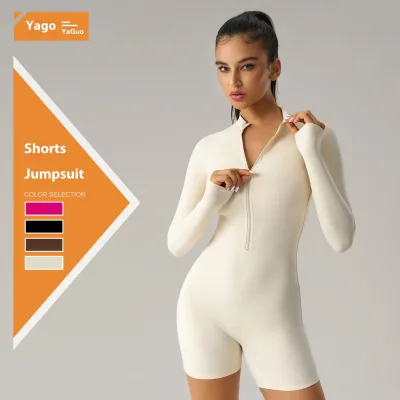 European American Style Women's DTL003 Sports Bodysuit Long Sleeve Zipper Jumpsuit Sexy Butt-Lifting Fitness Shorts