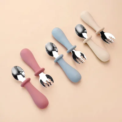 Pink Silicone and Stainless Steel Baby Feeding Spoon Fork Set Toddler Kids' Tableware with Solid Pattern