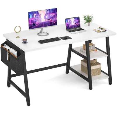 Cool Design Large L-Shape Wooden Study Computer Desk with Reversible Storage Shelf and Storage Bag for Home Office Workstation