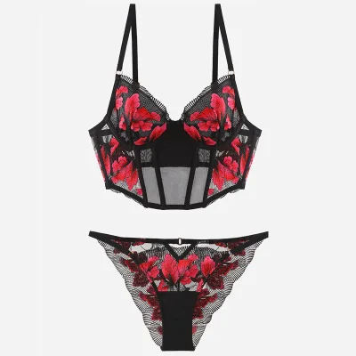 Corset Waist Fishbone Gather Anti-sagging High Quality European and American Embroidery Eyelash Underwear 2-piece Set
