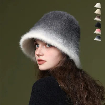 Designer Women's Winter Warm Gradual Color Change Soft Foldable Faux Rabbit Fur Bucket Hat Tie-Dyed Panama Beanie Beach Sun