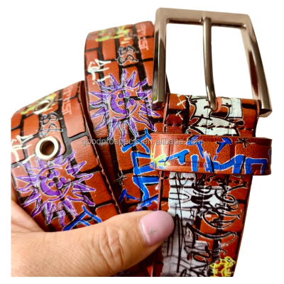 Custom Made 100% Genuine Western Men Leather Belt Cow Leather with Embossing and Printing Design with Metal Eyelets