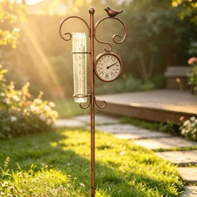 Metal Garden Rain Gauge Stake with Thermometer Bird Decor Iron Art Outdoor Rainfall Measuring Meter for Yard Lawn Decoration