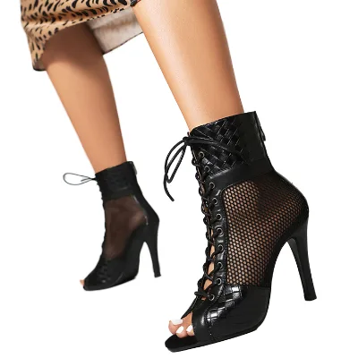 Red Summer Latin Dancing Shoes Women's Sexy Hollow Gladiator Ankle Tango Boots High Heel Jazz Dance Sandals with Lace