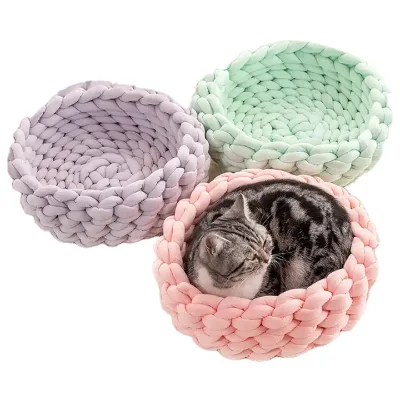 New Hand Woven Cat Nest Soft Shaggy Mat Indoor Dog Cat Bed Round Cushion Warm Sleep Basket Cat Kennel