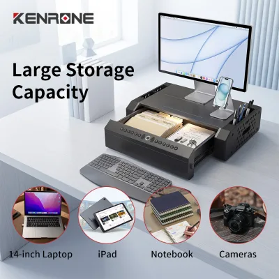 Office Desk Organizer Monitor Stand Lockable Storage Drawer Anti-theft Design Portable Structure Keep Desktop Tidy for Workplace