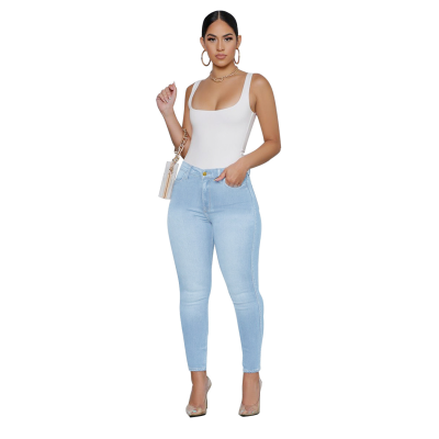 European Slim Style Women Plus Size High Waist Pockets Ripped Holes Skin Denim Jeans Women