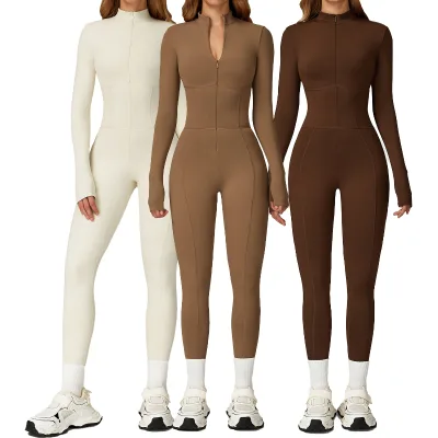 One-Piece Jumpsuit Stand Collar Zipper Warm Long Sleeve for Outdoor Leisure Sports Fitness Yoga Clothing Breathable Solid