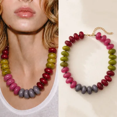New Boho Fall Earthy Tone Beaded Choker 20mm Marbled Rondelle Acrylic Color Block Beads Adjustable Women Necklace Jewelry