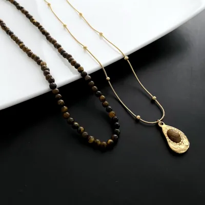 Retro Tiger Eye Stone Necklace for Women Trendy Stainless Steel Avocado Pendant Necklace Gift for Women