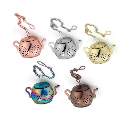 Gold, Rose Gold, Bronze, Silver, Rainbow Teapot Shaped Tea Infuser Ball with Chian and Drip Tray for Loose Leaf Tea