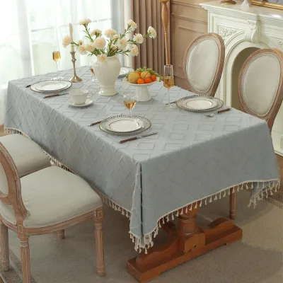 Wholesale French Country Embroidered Tablecloth Gray Raised Stripe Jacquard Tassel Fringe Hospitality Dining Bulk Supply