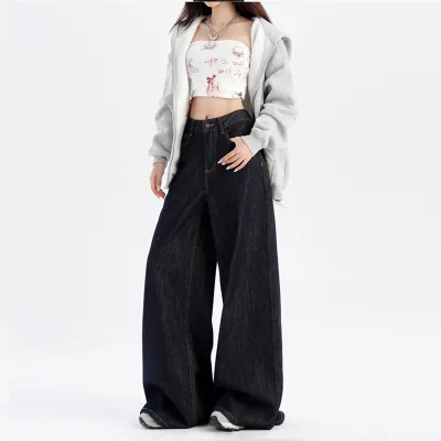OEM Custom Embroidered Logo Women Wide Leg Denim Jeans Casual Vintage Style High Waist Breathable Cotton Denim Pants