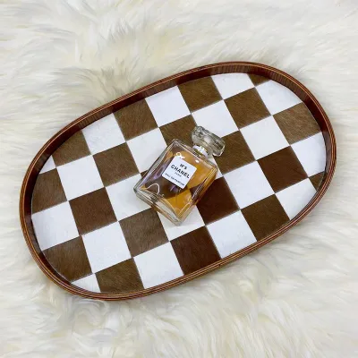 Oval Horsehair Tray Checkerboard Brown and White Desktop Storage Ornament Leather Product