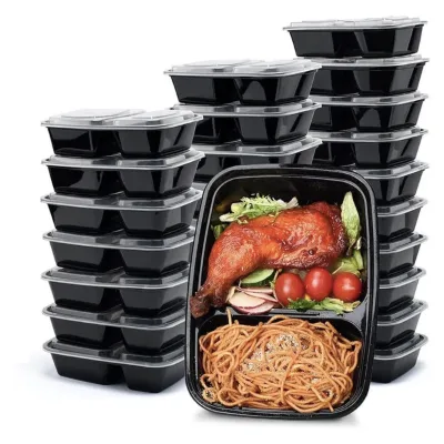 Packing Food Microwave Safe Disposable Plates 2 3 4 Compartment PP Container with Clear Lid Black Takeaway Food Packaging Box