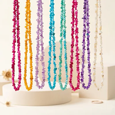 Boho Colorful Beaded Chain Necklace with Natural Crushed Shell, Unique Collarbone Necklace for Women, Artisan Bohemian Jewelry