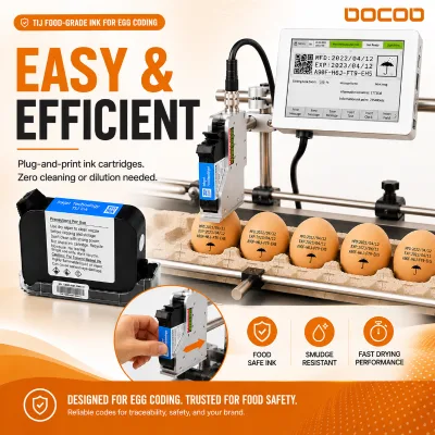 SGS Tested DOCOD Tij Food-Safe Ink Cartridge Low Nozzle Clogging Consumable for Egg Factory Production Line Date Code Printing