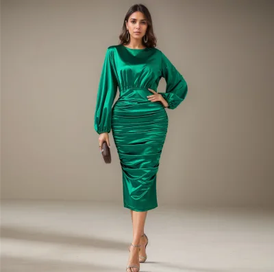 Elegant Green Evening Gala Dresses for Women Long Sleeve Cocktail Dress with Waist Tightening Feature