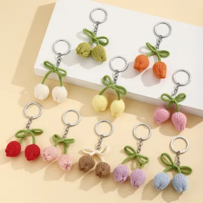 Handmade Knit Crochet Tulip Flowers Keychain Tulip Keyring Women Girl Cute Bag Pendant Crocheted Flower Key Ring Tulip Key Chain